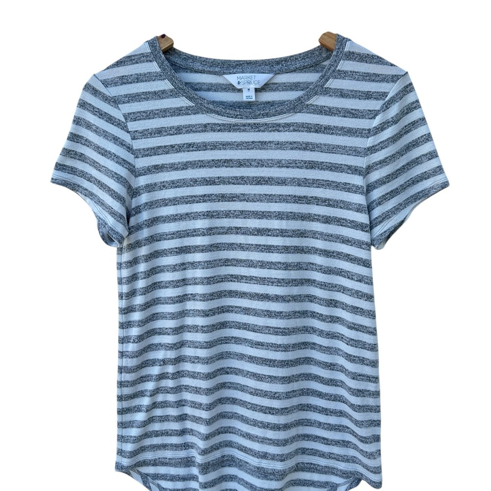 Market & Spruce Juuna Gray White Stripe Hi Lo Knit Top Casual XS NWOT